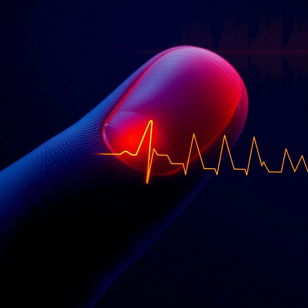 Capteur optique posé sur un doigt avec signal cardiaque